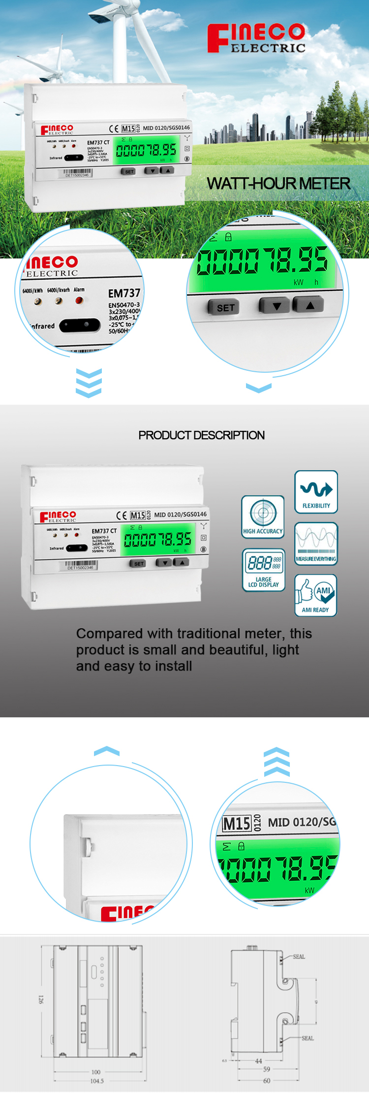 CT Type Connect Wire 7 DIN Modules Single-Phase Digital Electric Panel DC Voltage Meter Hack