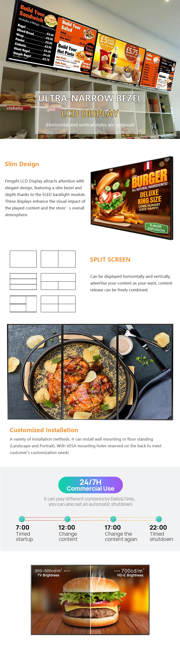 Indoor LCD Advertising Display Digital Signage Player For Restaurant Digital Menu Boards