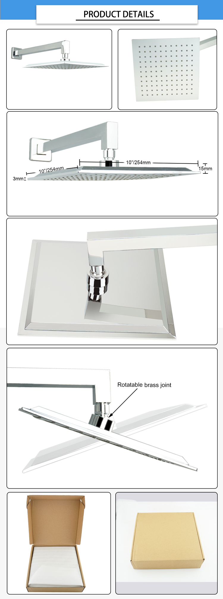 0.800kg 254×254×15mm Bathroom Rain Shower Heads