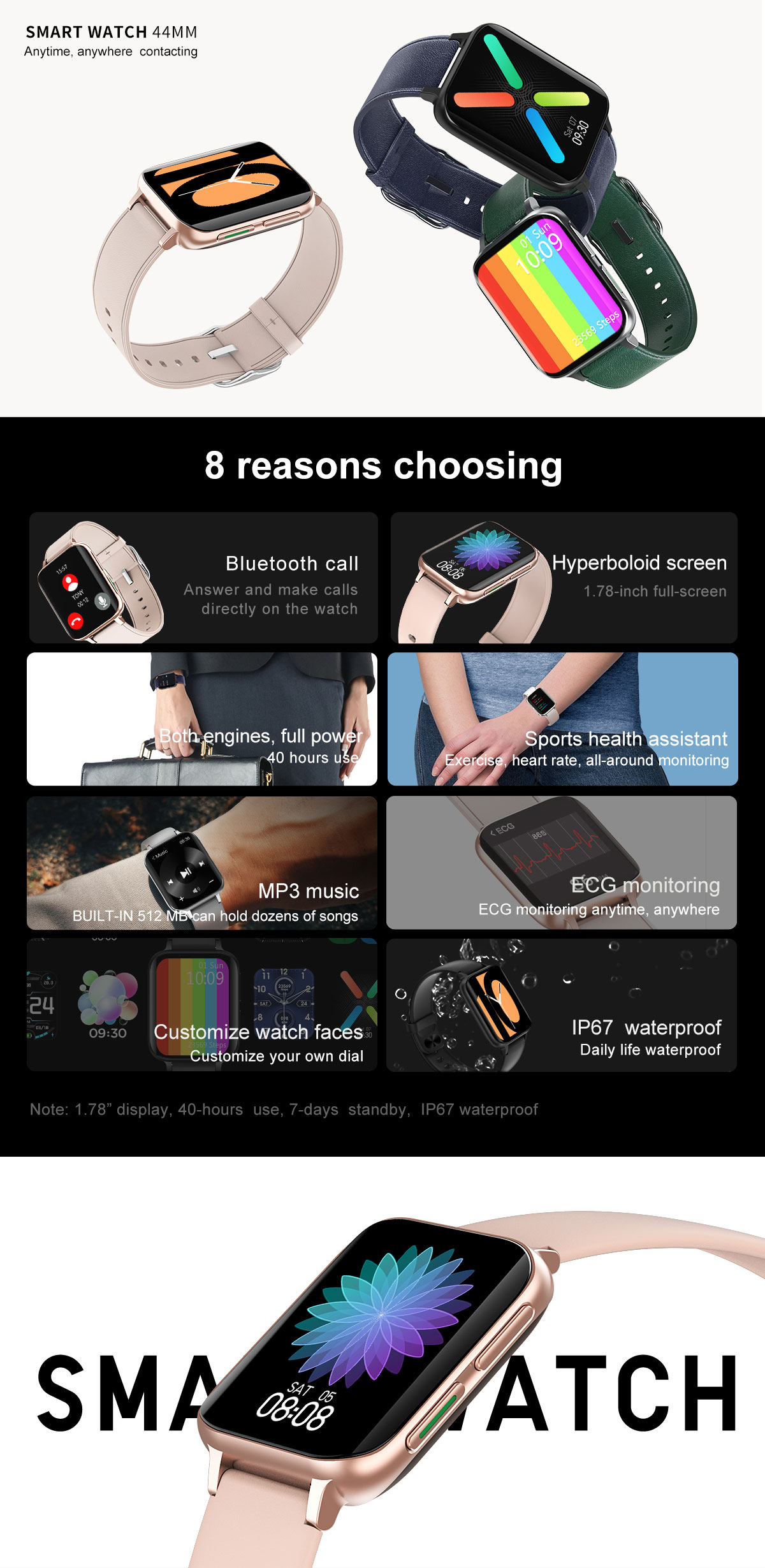 DT93 Smart Watch Men 1.78 Inch 420*485 DIY Watch Face Pressure Oxygen ECG Mp3 Music Heart Rate Smartwatch