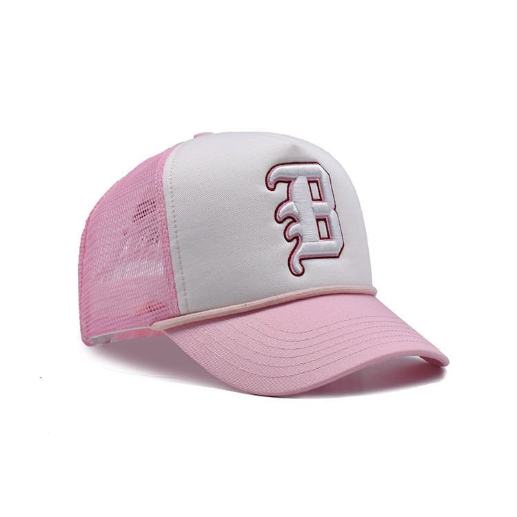 Pre Curved Visor Cotton Polyester Trucker Cap With Embroidered Logo