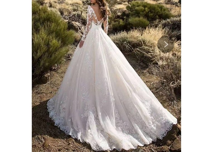 Long Sleeve Backless Flower Lace Ball Gown Wedding Dress With Long Tail Off White Color