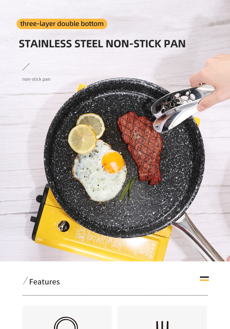 Hot Selling Kitchen Stainless Steel Non Stick Fry Pan Three Layer Double Bottom Medical Stone Frying Pans