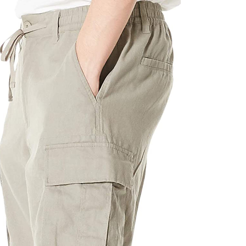 Men'S Cotton Linen Blend Cargo Shorts 9.5 Inch Inseam Shorts Drawstring Button Closure