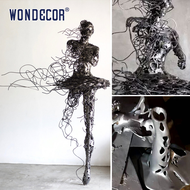 Large metal art decoration abstract hollow silk thread ballet dancer copper sculpture