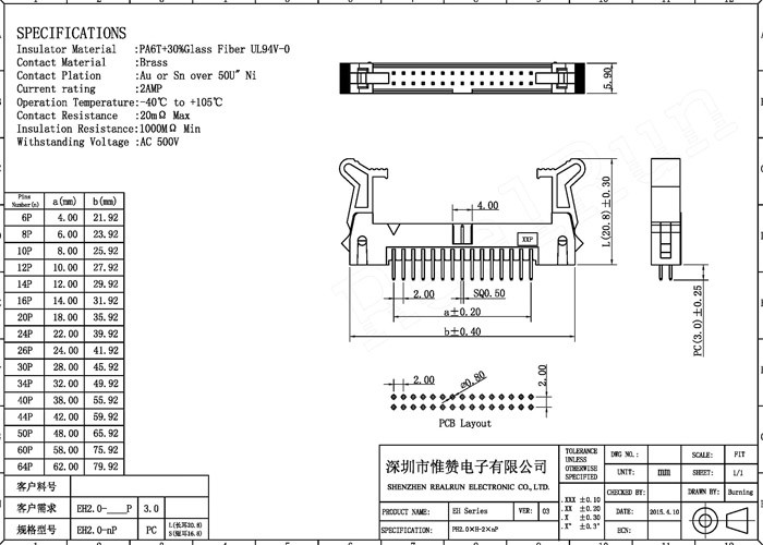 EH Series Shrouded Header Connector 2.0mm Plating Gold For PCB board