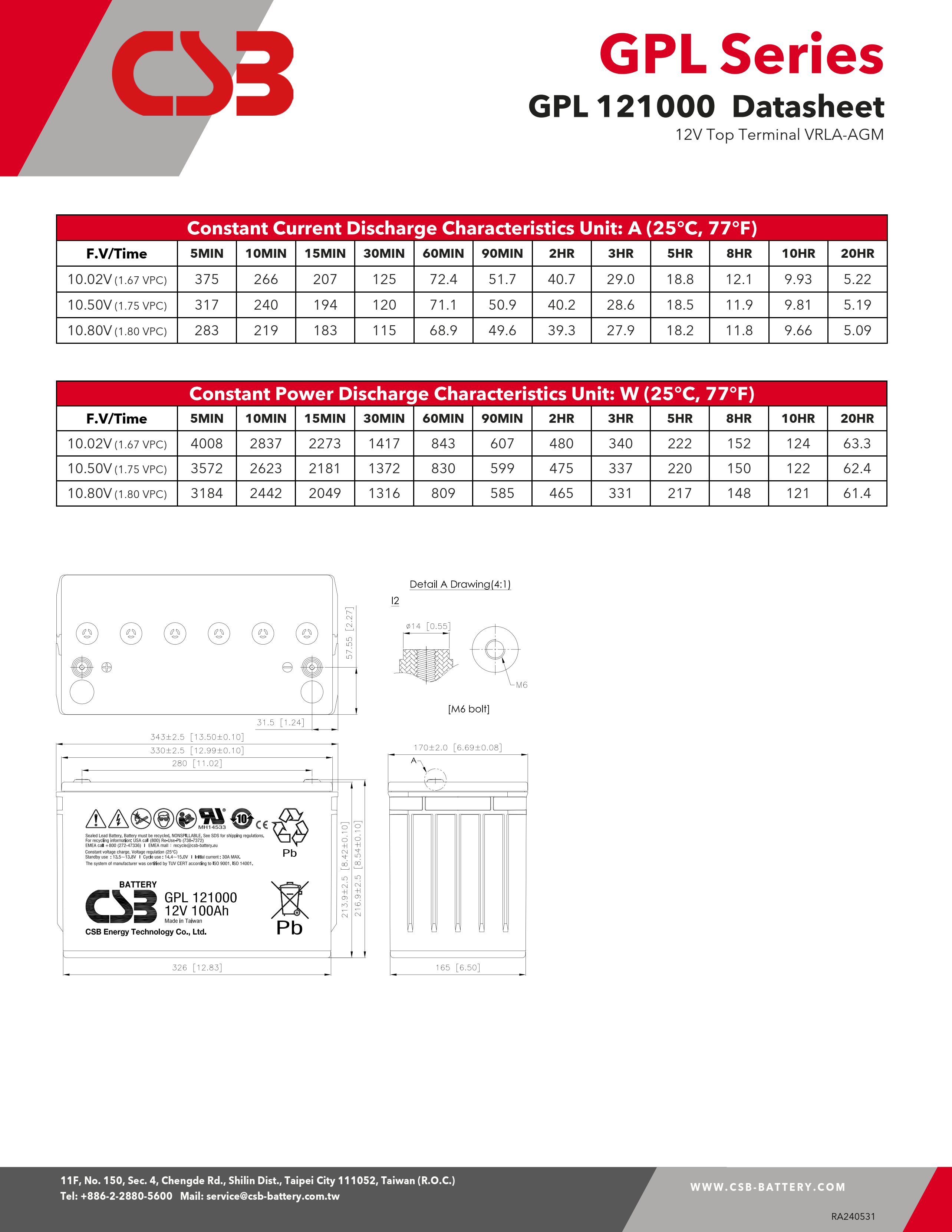 CSB Battery GPL121000 12V 100Ah Rechargeable Maintenance-Free Sealed Lead-Acid Batteries, DC Power Panels, VRLA Batteries 100Ah