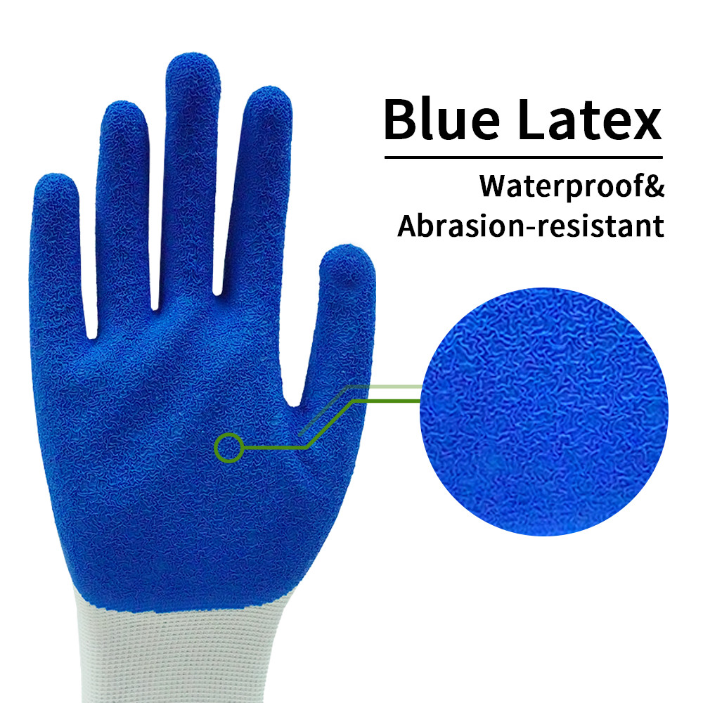 Blue Crinkled Latex Nylon Work Gloves Breathable Abrasion Resistant