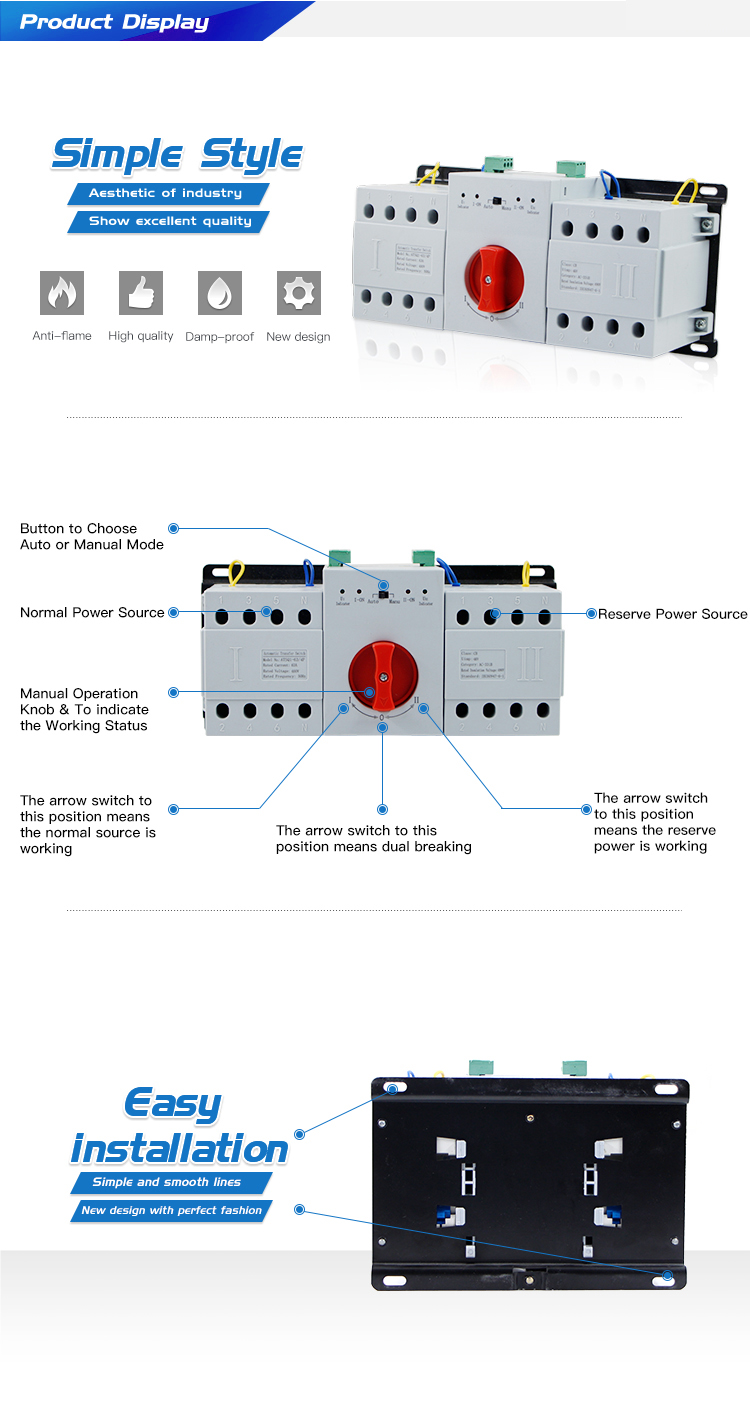4 Poles 63A smart Dual Power Automatic changeover switch for basic switching Function