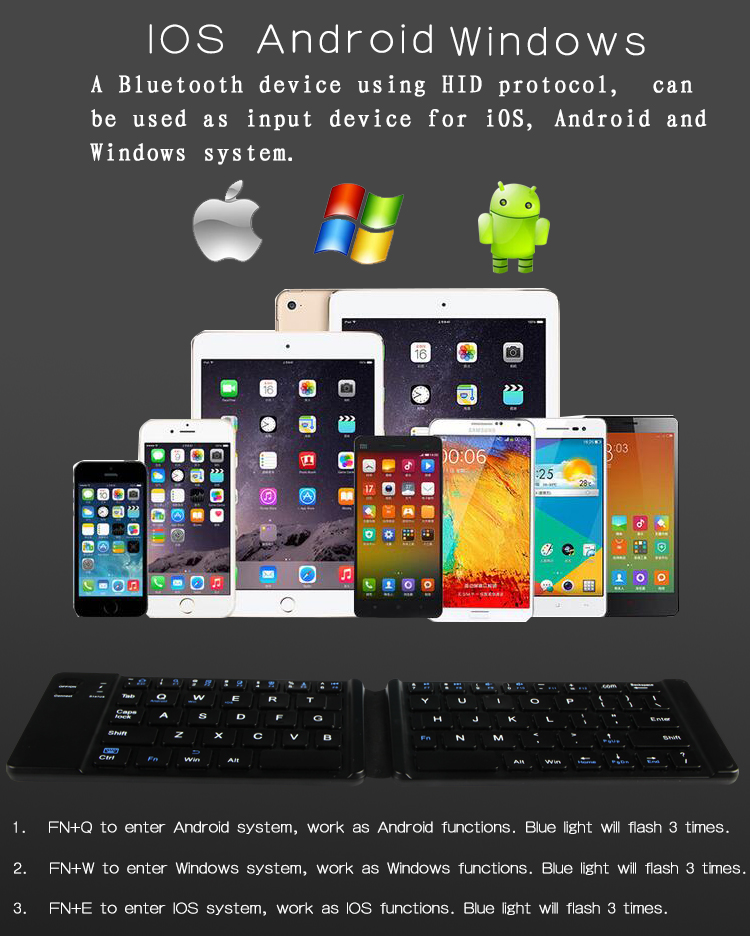 Rechargeable Full Size Folding Keyboard , Folding Wireless Keyboard Compatible IOS Android Windows