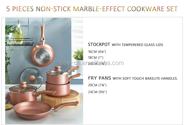 5 Pieces Marble Cast Aluminum Non Stick Fry Pan And Pot Cookware Set