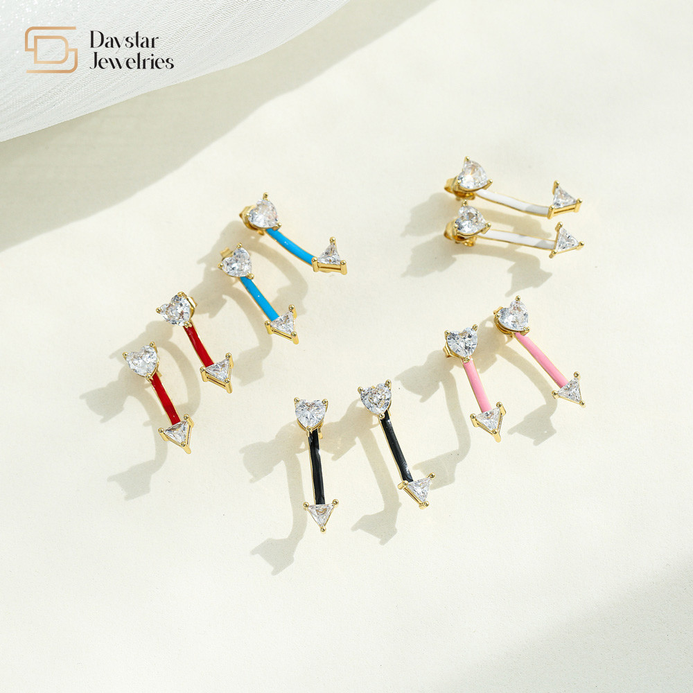 Heart Triangle Colorful Enamel 14K Gold Jewelry Diamond Zircon Stud Earrings