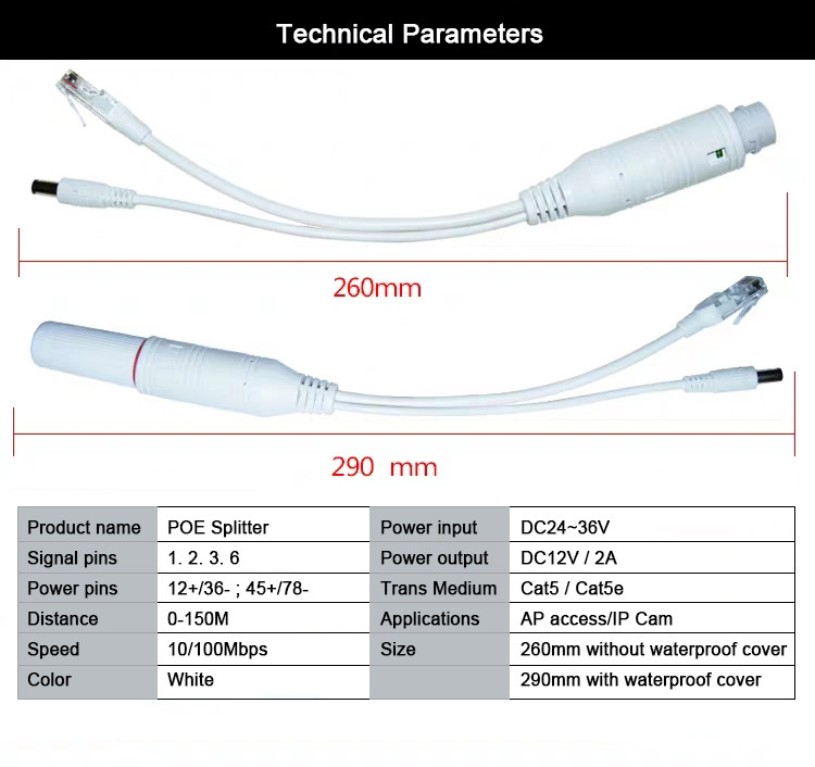 Mini Waterproof PoE Splitter 10/100M 24V to 12V 2A for 24V POE switch and IP Cameras