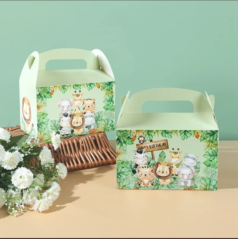 Custom Animal Print Handle Paper Box for Kids' Jungle Theme Birthday and Baby Shower