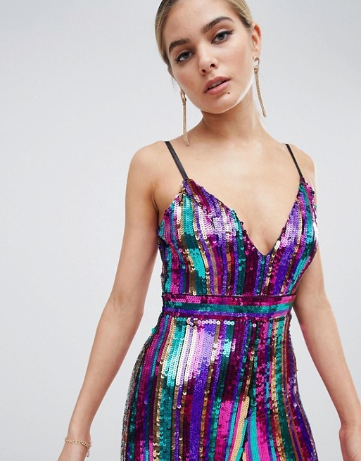 2019 new style sequin plunge front wide leg jumpsuit in rainbow stripe for girls