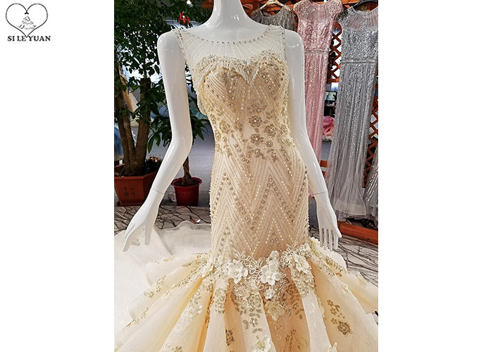 Puffy Tailor Made Prom Dresses / Champagne Fishtail Prom Dress Lace Flowers