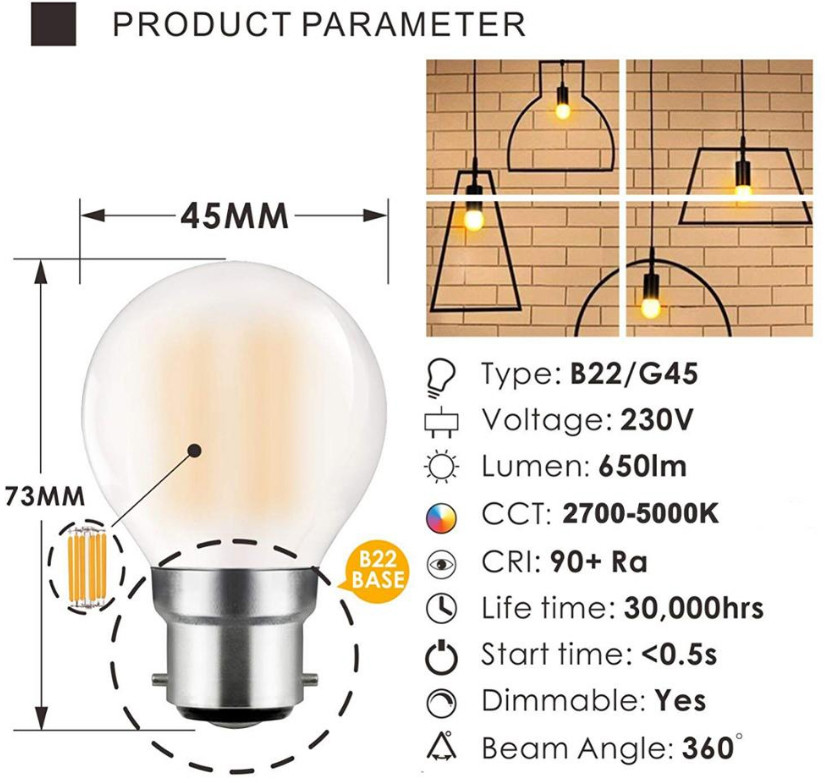 G45 Frosted LED Filament Bulb E12 E14 E26 E27 B22 Decorative Globe LED Bulbs 2200K