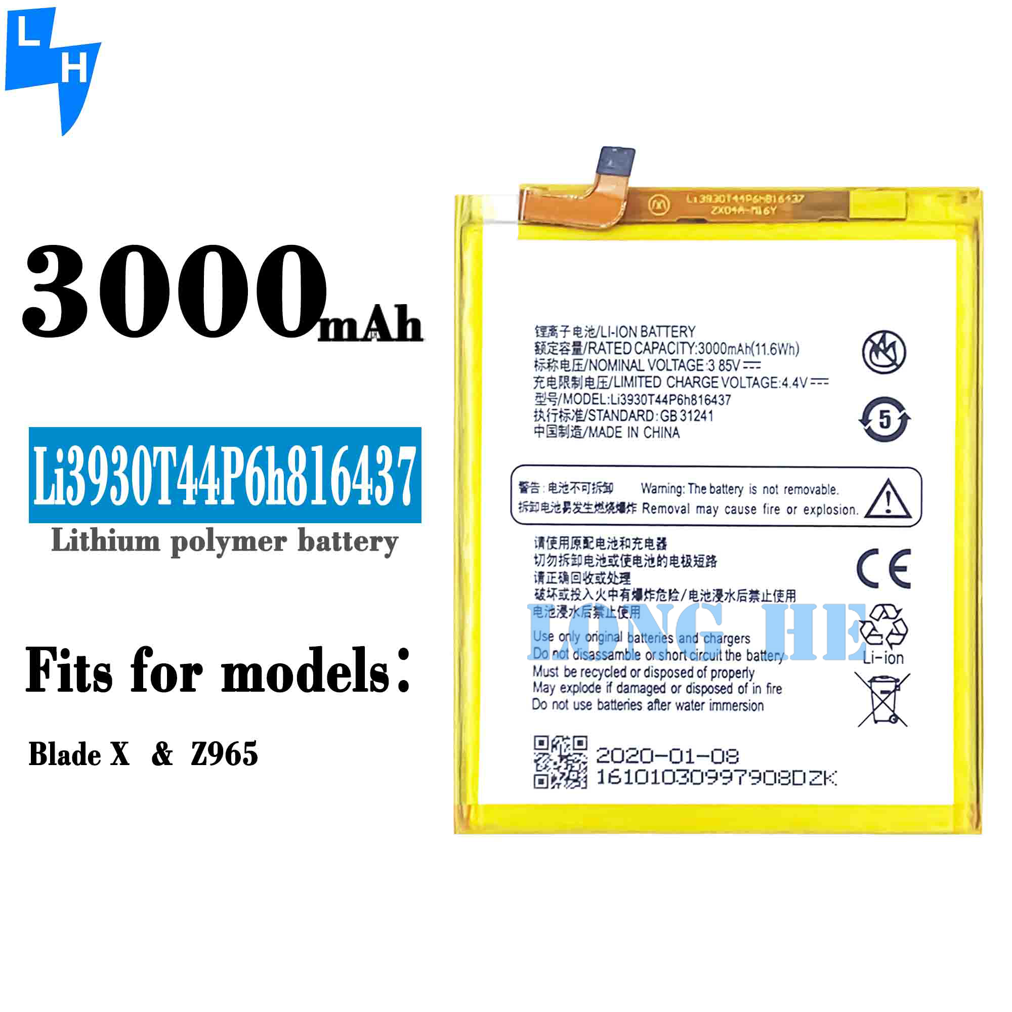 100% Compatible For ZTE Blade X Z965 3000mAh Li3930T44P6h816437 Replacement Batteries
