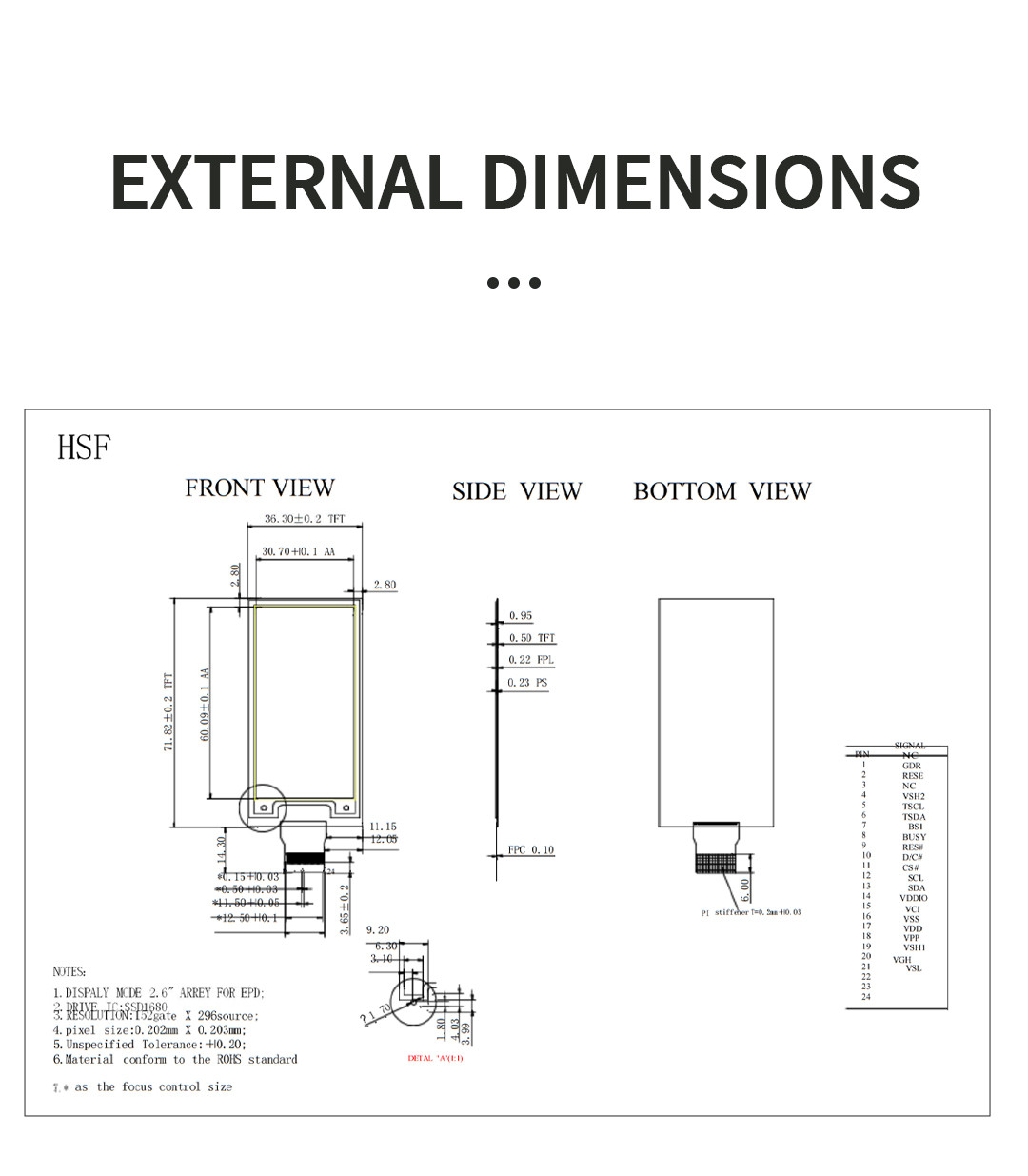 E-Ink E Paper Display 2.66Inch 152x296 E Ink Display Spi Ultrawide Viewing Angle