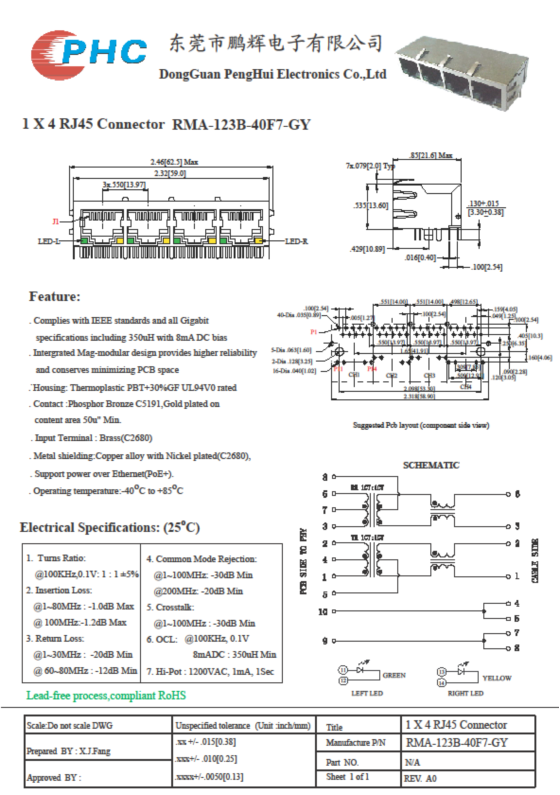 RMA-123B- 40F7-GY 4 port 10 / 100 Mbps 90 Degree RJ45 With Transformer Shielding LED Color No EMI