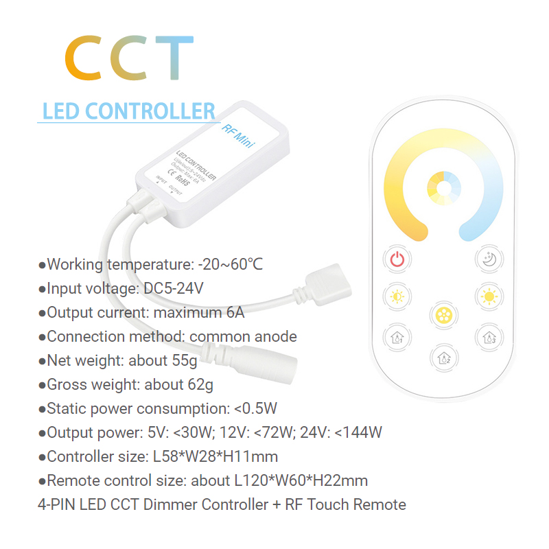 Mini RGB CCT LED Controller , RF Wireless Dimmer For 5050 Light Strip