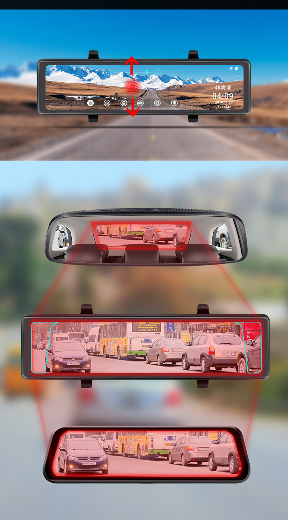 12Inch 4K Dual Lens 1080P Full Touch Screen GPS Car Mirror Dash Cam