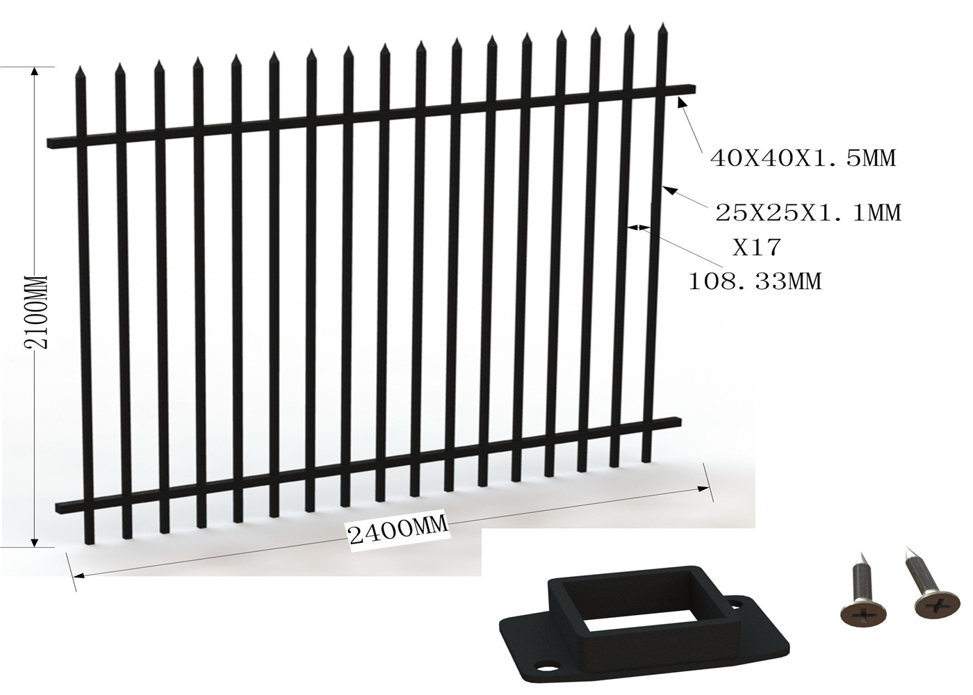 Square Picket 19mm x 19mm Upright 2100mmx2450mm height 2 rails 40mmSHS powder coated black Garrison Fencing Panels