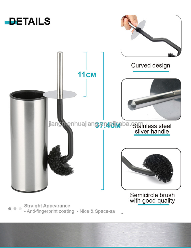 Silver Curved Design Toilet Cleaning Brush with Holder Stainless Steel OEM Acceptable