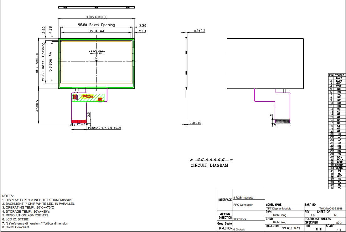 4.3 Inch TFT Color Screen 480×272 MCU SPI Interface 40 Pin ST7282