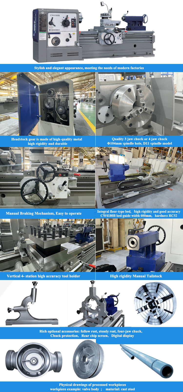SMTCL Large Lathe Machine CW6180B Manual Lathe 6000mm Heavy Duty Engine Lathe Turning Machine