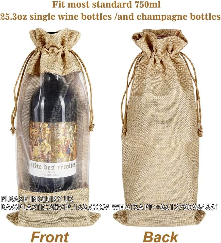 Burlap Wine Bags With Sheer Window, Hessian Cloth Bottle Gift Bags With Drawstring For Christmas Holiday Wedding Party