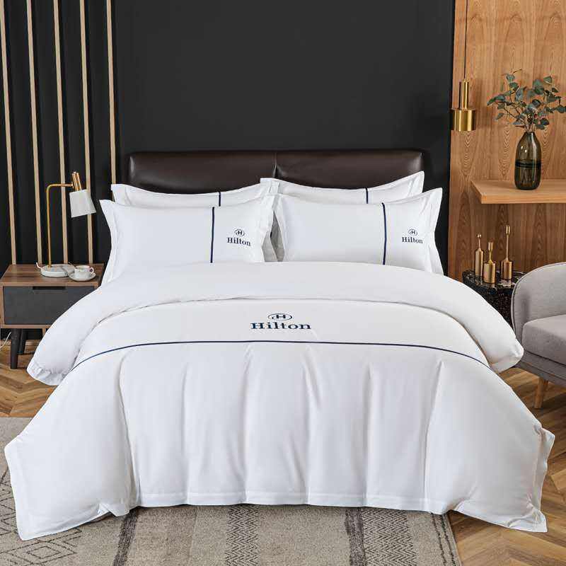 300TC Satin White King Size Hotel Duvet Quilt Cover Flat Sheet Set with Solid Pattern