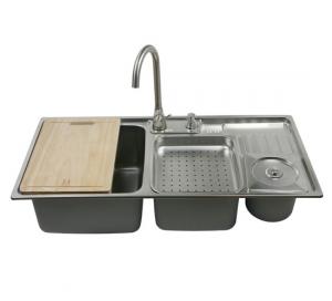 China 0.9mm Drop In Stainless Steel Double Bowl Sink With Knife Shelf Rubbish Bin on sale
