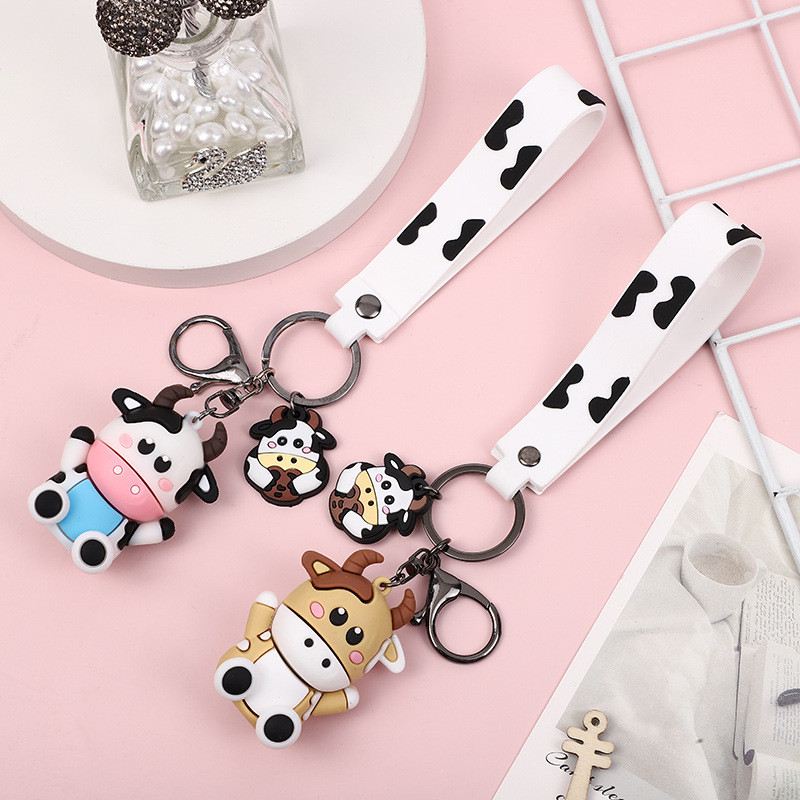 Personalized 3D Silicone Cow Animal Keyrings Pendant Keychain for Purse and Backpack