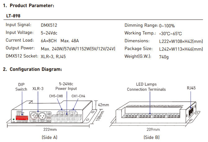8 Channel LED DMX Decoder Anti - Lightning Strike And ESD Protection
