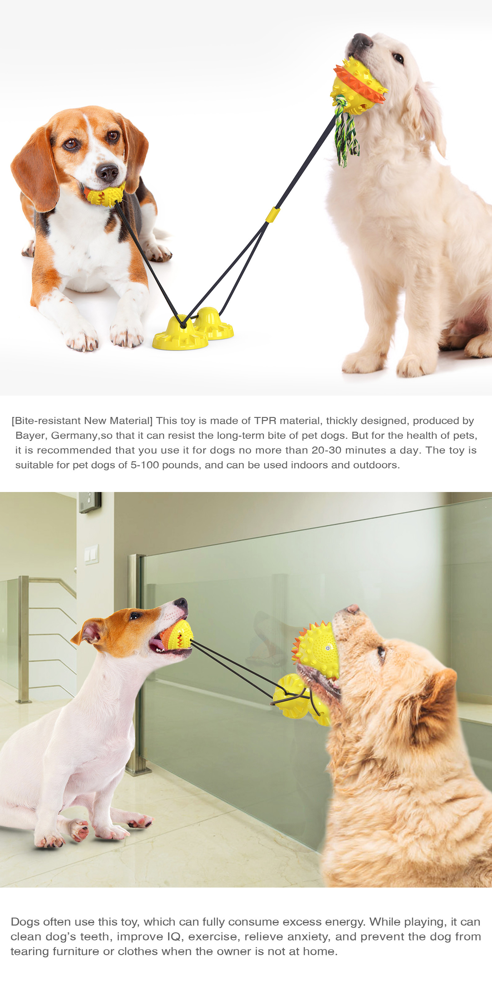 Sucker Drawstring Teeth Cleaning Dog Toy / TPR Double Ball Dog Food Dispenser Toy