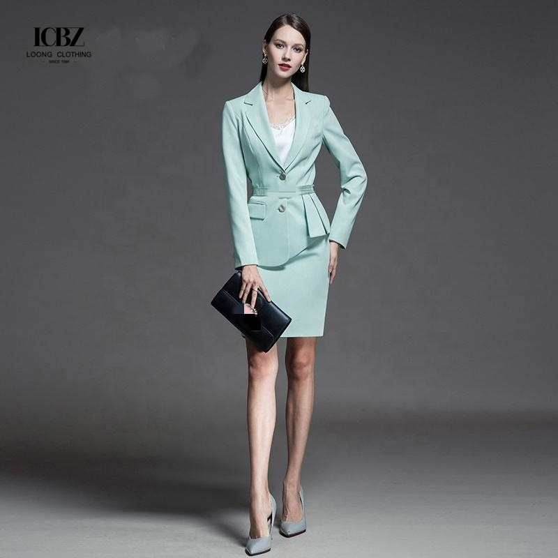 2021 Fashion Women's Slim Formal Office Skirt Suit with V-neck Collar and Full Sleeves
