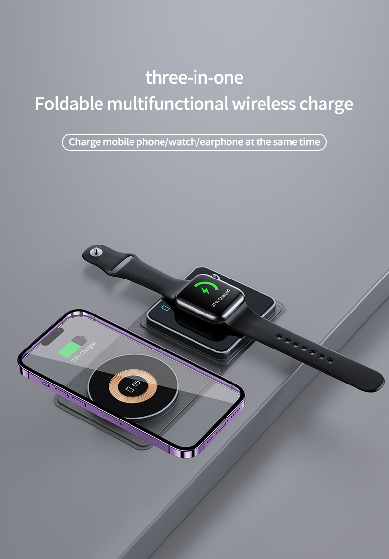 15W Fast Charging 2 In 1 Foldable Wireless Charger with QC3.0 Function and Magnetic Design