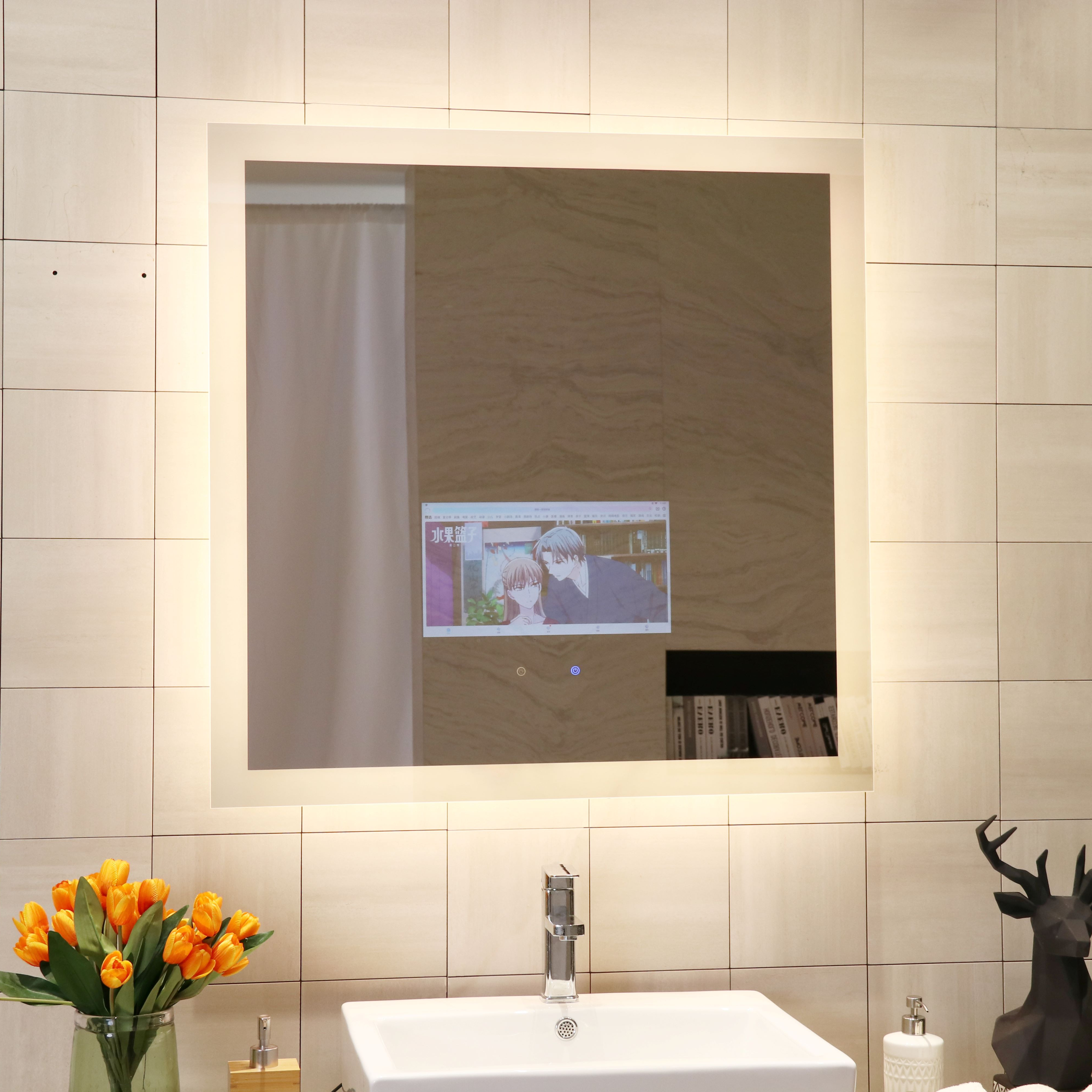 Anti Rust Bathroom Mirror With Lights Fashionable Illuminated Mirror With Digital Clock