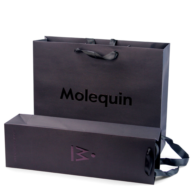 Custom Black Paper Shopping Bags With Ribbon Handles Stylish Product Packaging Box Design