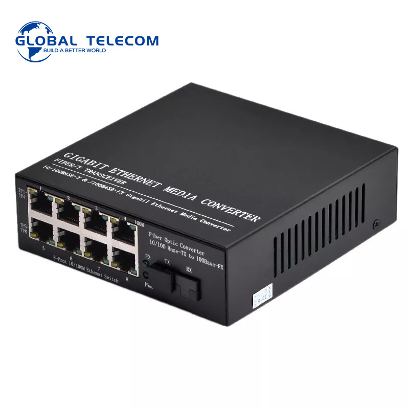 100M Fiber Media Converter Single Mode 1 Fiber Port 8 RJ45 Port 25KM