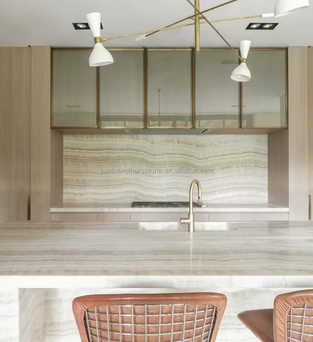 Polished Backlit Onyx Wall Panels and Countertop in Modern White Stone Form Big Slab