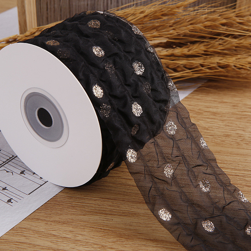 50mm Organza Ribbon With Dot Pattern Gold Foil Printed Polyester Organza Ribbon OEM Eco Friendly