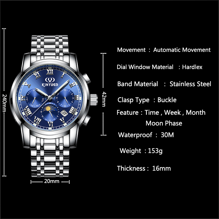 Luminous Mechanical Wrist Watch Business Moonphase Automatic Watch