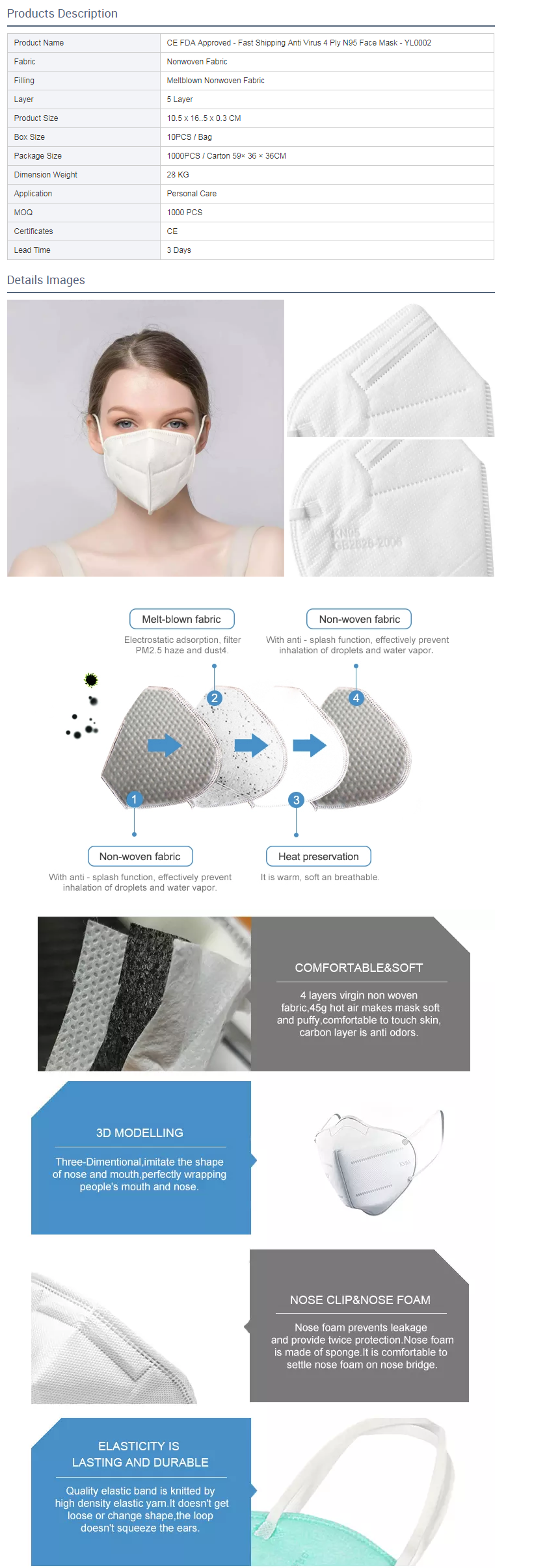 CE FDA Approved - Fast Shipping Anti Virus 5 Ply Ear Loop KN95 Face Mask Without Valve for Civil Use - YL0003