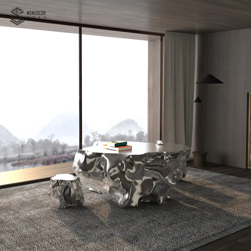 Abstract Modern 1.2m Luxury Furniture Art Stainless Steel Taihu Stone Table