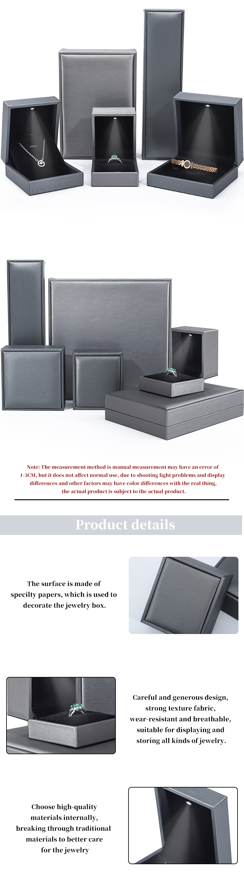 Grey Lightweight Leather LED Jewelry Box Luxury Packaging For Bracelet Necklace Ring