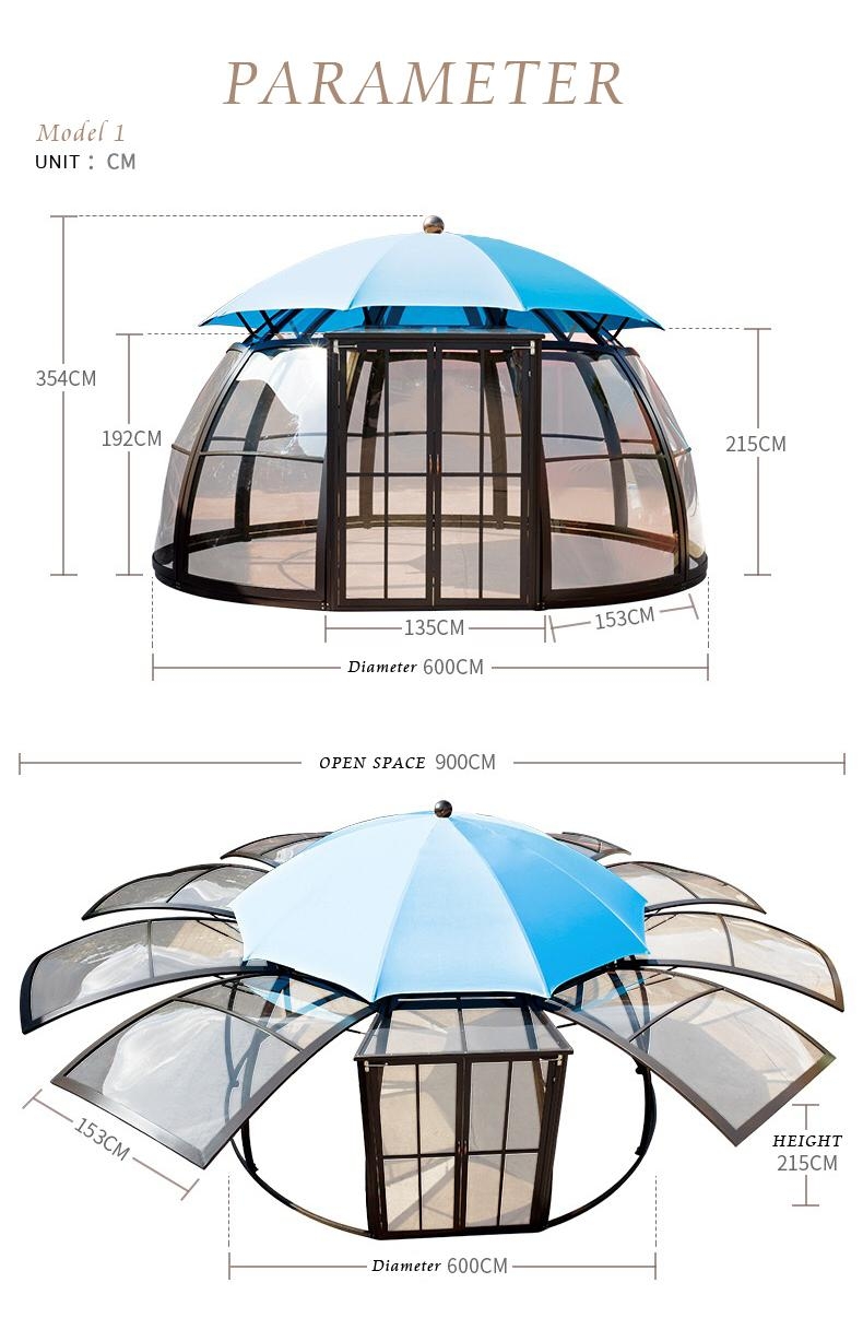 Hot sale outdoor garden alu aluminium pc polycarbonate gazebo pavilion sunroom sunhouse cabin shed tent dome kits