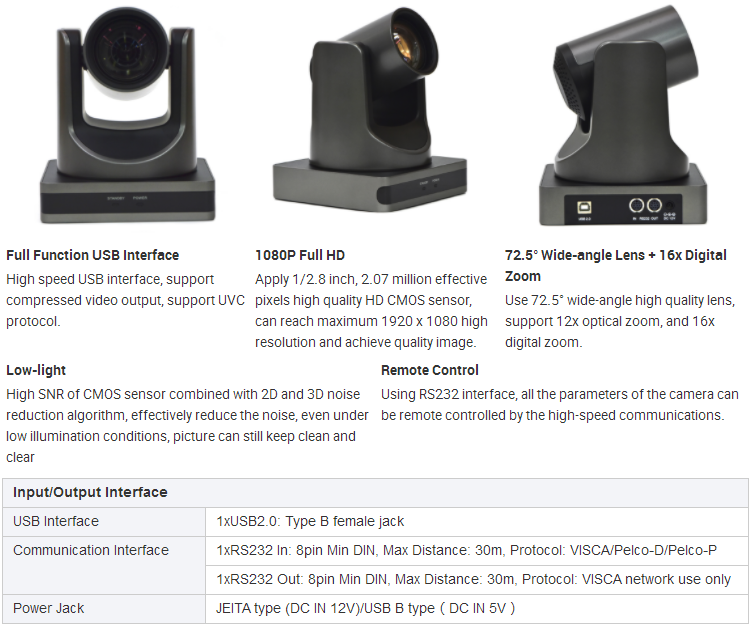 1080p 12xzoom Ptz USB conference room video camera for microsoft teams or webex or google hangouts