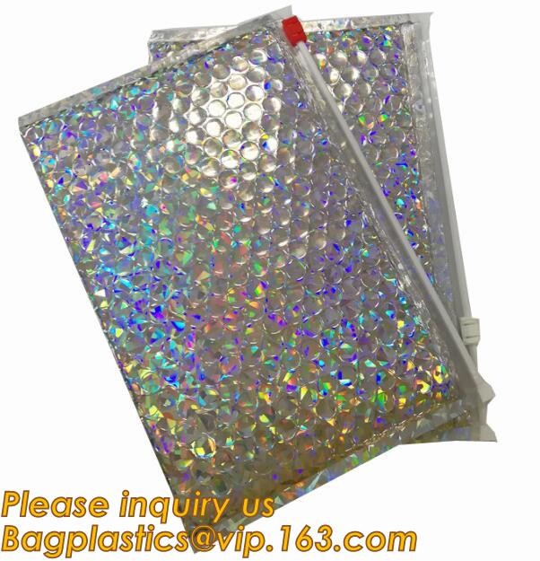 Holographic Factory Shiny gold Cosmetic bag Zipper Bubble Bag zip-lock Slider Padded Mailer metallic bubble zipper bagea